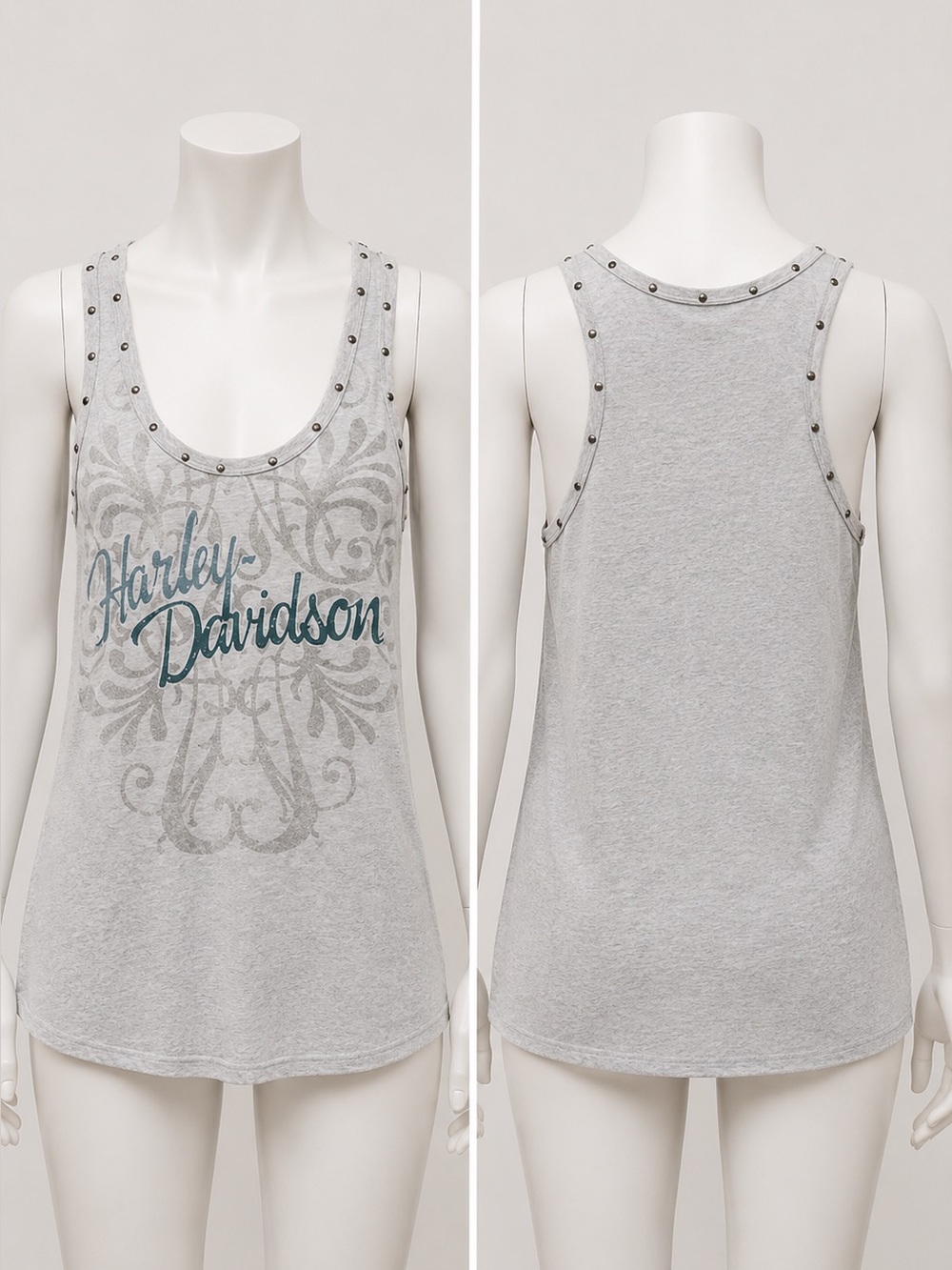 Harley-Davidson Light Gray Tank with Teal Script and Studded Trim